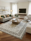 Modern living room with gray sofa, coffee table, and decorative rug.