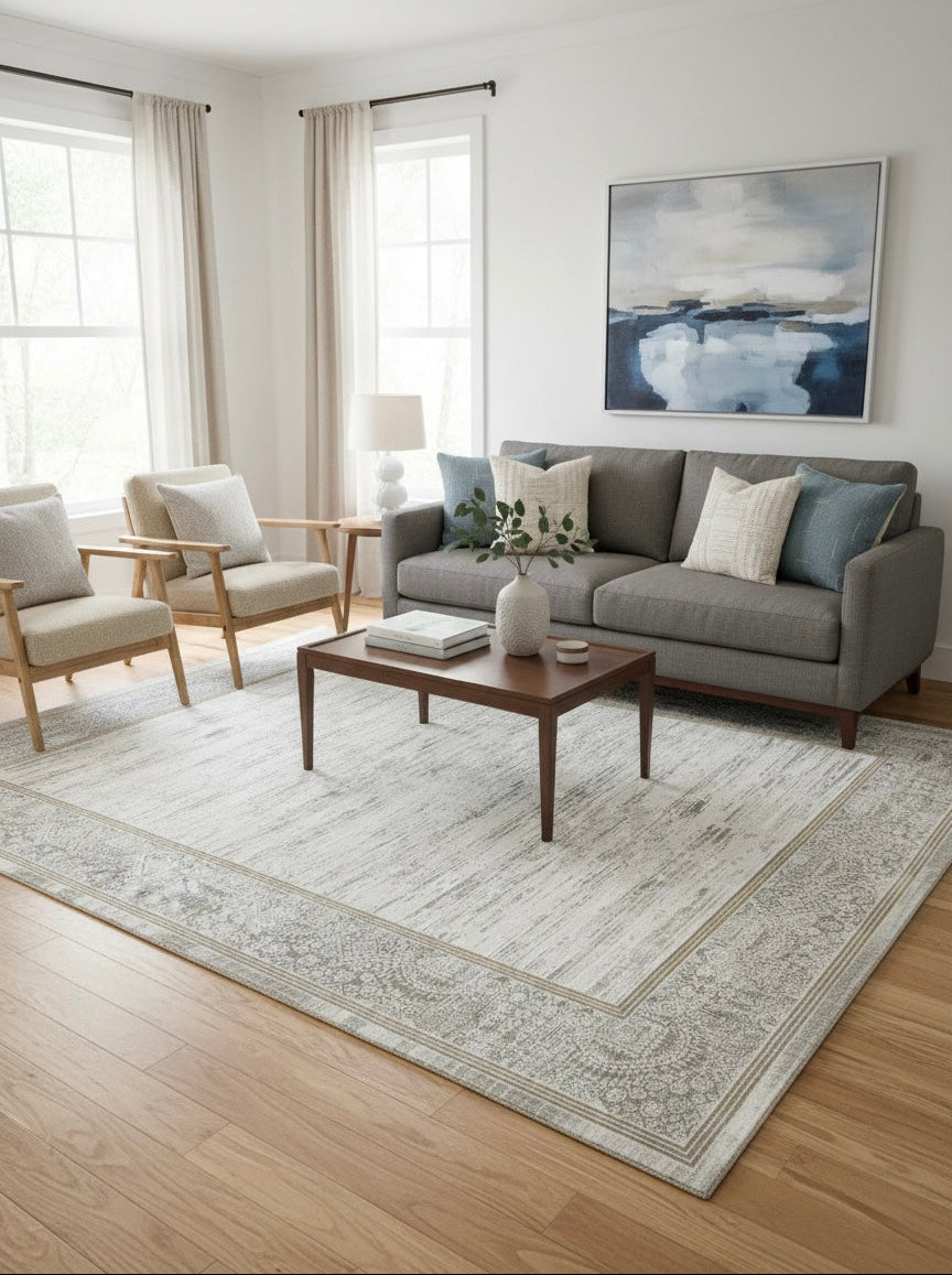 Living room with gray sofa, armchairs, coffee table, and artwork on the wall.